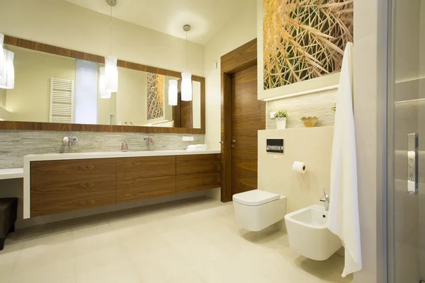 Spacious washroom with wooden furniture — Stock Photo, Image