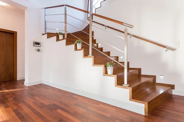 Macetas situadas en escaleras de madera — Foto de Stock