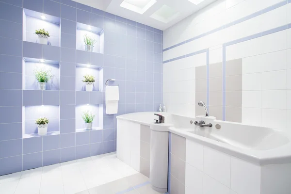 Lumineuse salle de bain moderne avec énorme baignoire — Photo