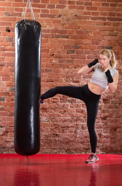 Menina sexy praticando chute boxe — Fotografia de Stock