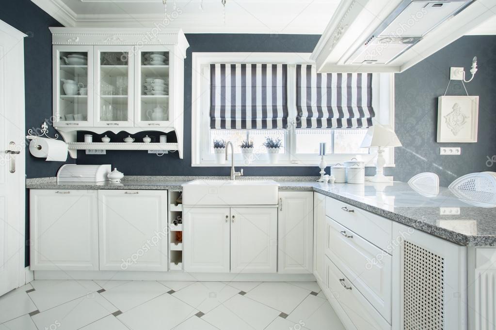 Interior of white and grey kitchen