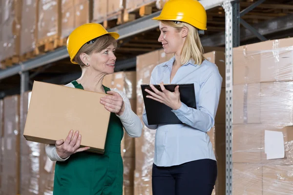 Engineer talking with storage worker — Stock Photo, Image