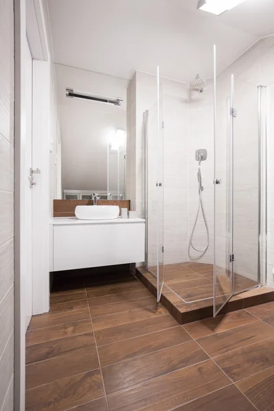 Intérieur des toilettes blanc et marron — Photo