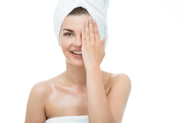 Femme après bain sur blanc — Photo