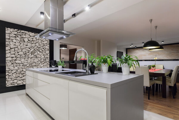 Designed kitchen with stone wall