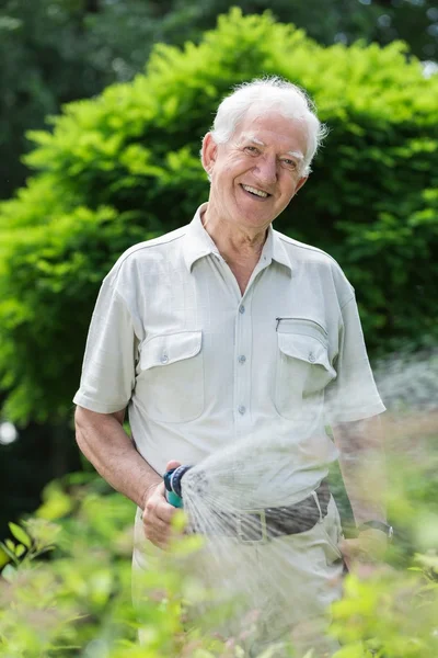 Elderly man watering plants — Stock Photo, Image