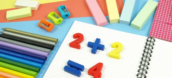 Office's accessories on blue desk — Stock Photo, Image