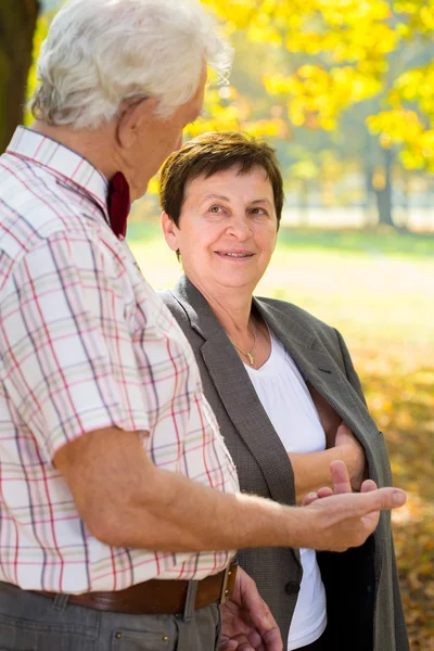 Elderly couple talking in park — Stock Photo, Image