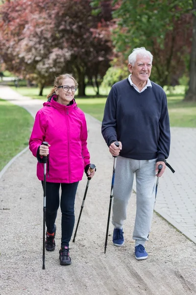 Elderly couple doing nordic walking — Stock Photo, Image