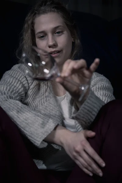 Drunk alcoholic woman holding glass — Stock Photo, Image