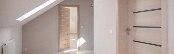 Светлый коридор с деревянными дверями — стоковое фото