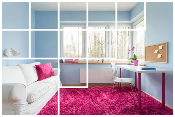 Weißes, rosa und blaues Schlafzimmer — Stockfoto