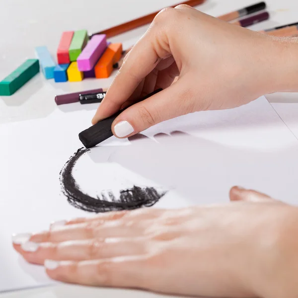 Artistic tools and woman painted pastel — Stock Photo, Image