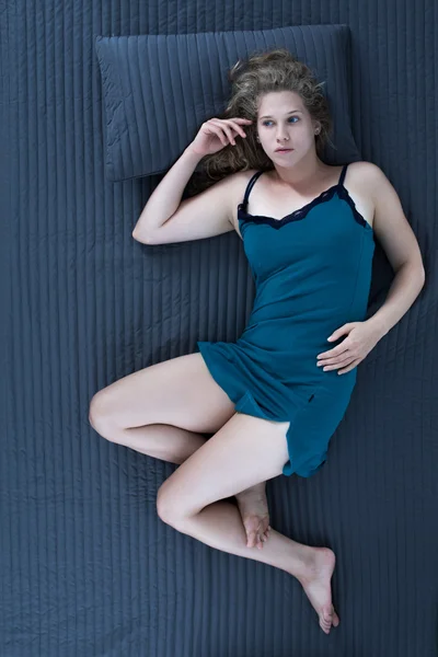 Pensive lady resting in bed — Stock Photo, Image