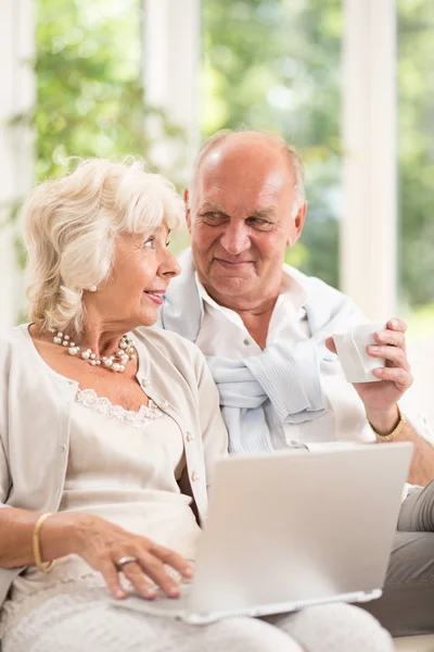 Seniorzy komunikować się za pomocą laptopa — Zdjęcie stockowe