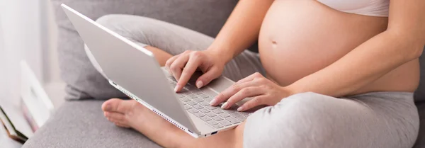 Těhotná žena pomocí přenosného počítače — Stock fotografie