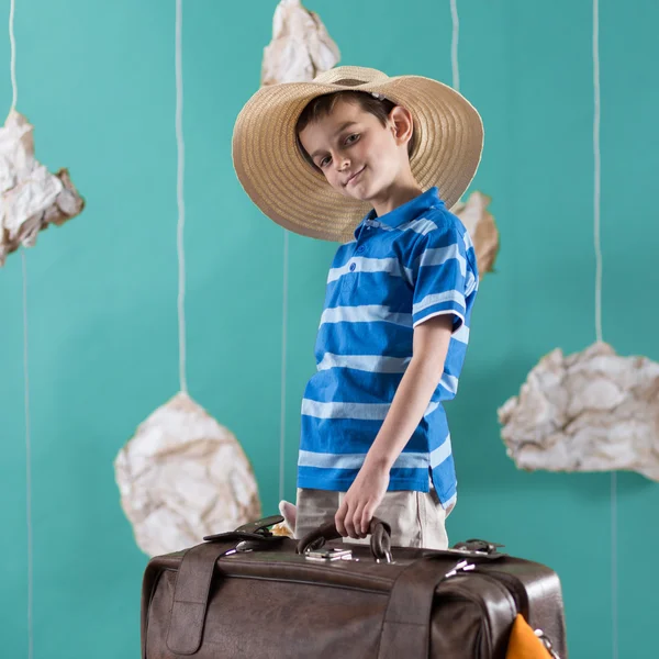 Little traveler with big suitcase — Stock Photo, Image