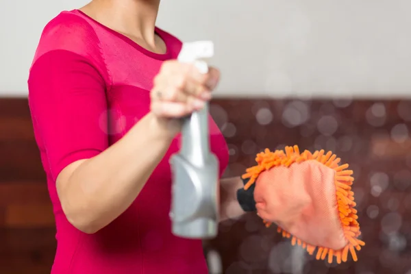 Femme au foyer avec nettoyeur de vitres — Photo