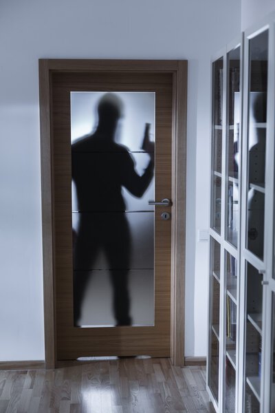 Shadow of burglar behind doors