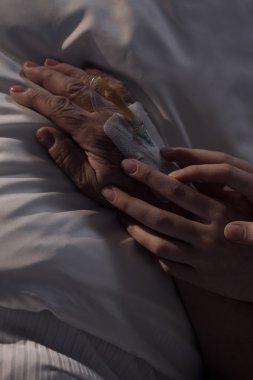 Yaşlı hastanın elini tutarak caregiver 