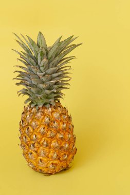 Sarı arka planda izole edilmiş ananas kopyalama alanı ile yaz konsepti