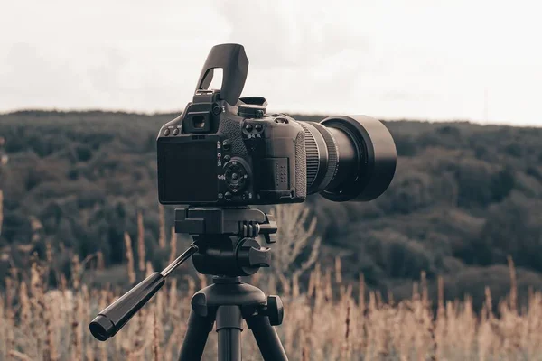 Zoom Lensli Bir Canon Kamerası Tarlalarda Ormandaki Arka Planda Fotoğraf — Stok fotoğraf
