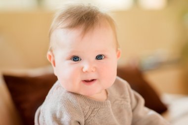 Closeup portrait of smiling little child with blond hair and blue eyes wearing knitted sweater sitting on sofa and looking at camera. Happy childhood clipart