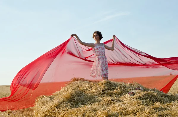 Meisje in veld met doek — Stockfoto