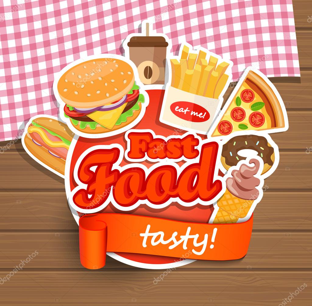 Fast food elements, Typographical Design Label or Sticer - burgers, pizza, coffee, hot dog, ice cream, doughnut, fries - Design Template. Vector illustration.