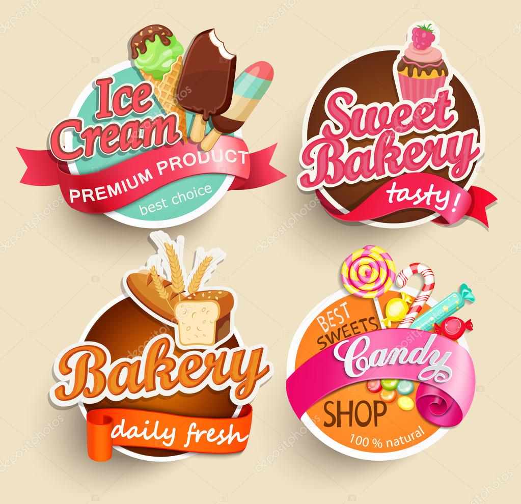 Food Label or Sticker - bakery, ice cream, candy, sweet bakery - Design Template. Vector illustration