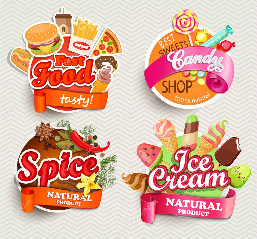 Set of Food and drink elements, Typographical Design  Sticker - fast food, spice, candy shop, ice cream