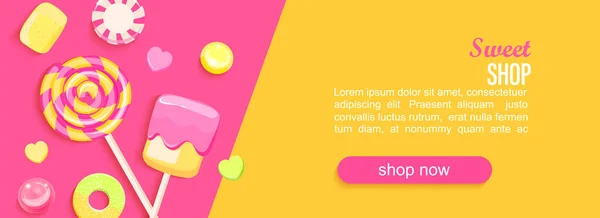 Baner Poziomy Sweet Shop Słodyczami Marmoladą Piankami Miejscem Tekst Projektu — Wektor stockowy