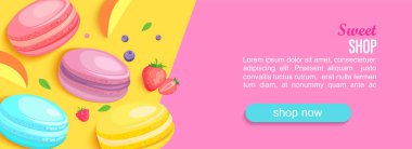 Kurabiye ve böğürtlenli tatlı dükkan afişi ve dizaynınız için metin yeri. Çocuk menüsü, kafe, tatlı afişleri, web, kartlar, kafeterya reklamları için harika. Şablon vektör illüstrasyonu.