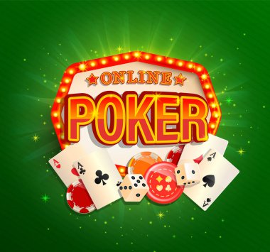 Poker kartları, çipler ve diğer kumar tasarım unsurlarıyla birlikte klasik ışık çerçeveli çevrimiçi poker afişi. Parlak arkaplanda davetiye posteri şablonu. Vektör illüstrasyonu.