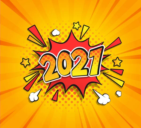 Новогодний Комик Бум 2021 Года Стиле Ретро Поп Арта Солнечном — стоковый вектор