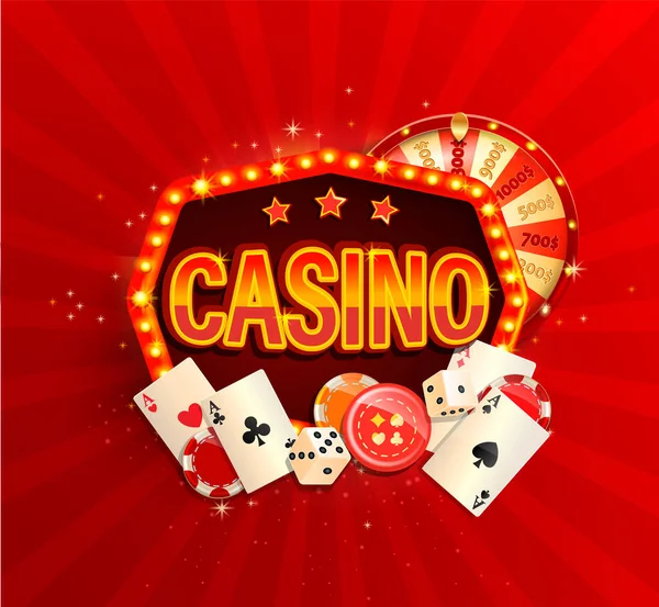 Online Kasino Banner Vintage Light Frame Pokerovými Kartami Hrací Kostky — Stockový vektor
