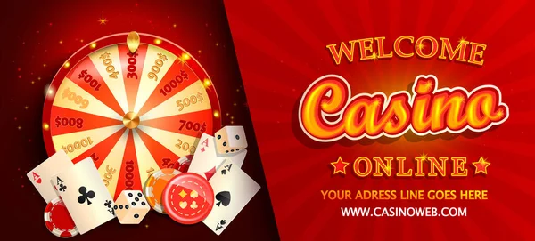 Welkom Online Casino Gorizontale Banner Met Poker Kaarten Dobbelstenen Chips — Stockvector