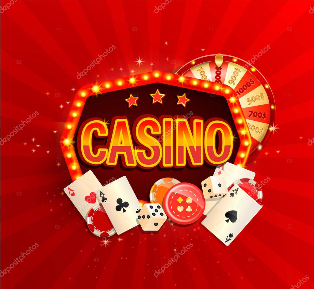 Online casino banner in vintage light frame with poker cards, playing dice, chips, fortune wheel and other gambling design elements. Invitation poster template on shiny background.Vector illustration.