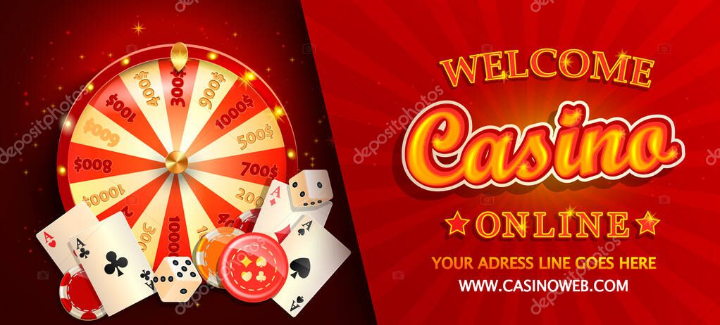 Welcome online casino gorizontal banner with poker cards, playing dice, chips, fortune wheel and other gambling design elements. Invitation poster template on shiny background.Vector illustration.