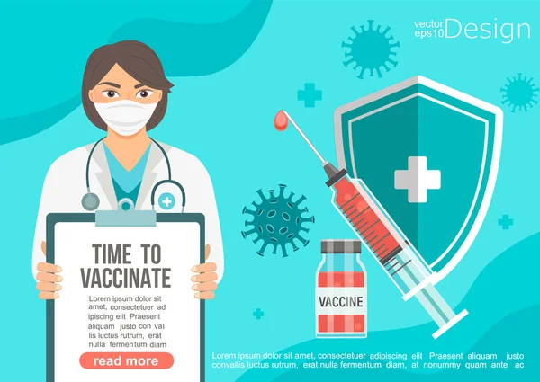 Hora Vacinar Banner Nas Mãos Médico Feminino Chamada Para Uso —  Vetores de Stock