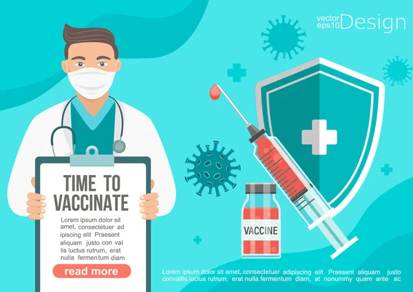 Hora Vacinar Banner Nas Mãos Médico Chamada Para Uso Vacina —  Vetores de Stock
