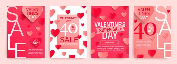 Set Valentine Day Sale Offer Banners Pink Red Paper Hearts — Archivo Imágenes Vectoriales