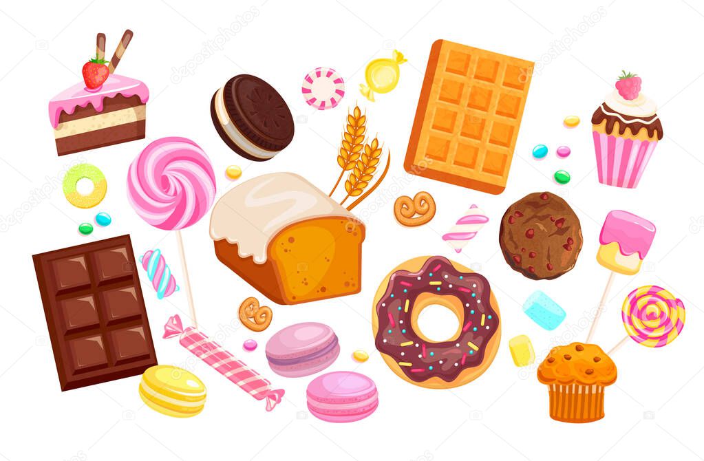 Big set isolated sweets on white background- candy, marmalade, donut, marshmallow, chocolate and macaroon, cake, bakery.Template for confectionery, sweet banner, poster,advertise for candyshop.