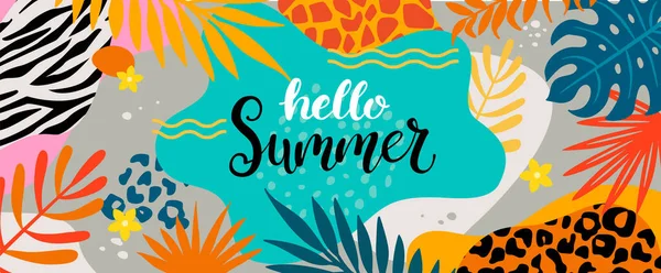 Hello Summer 2020 Greeting Banner Lettering Tropical Palm Leaves Animal — Stock Vector