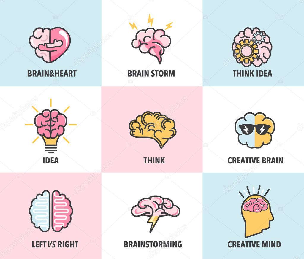 Big set of brain concepts,isolated logo.Brainstorming,idea,creativity,inspiration,strategy,nonstandard thinking.Icons with brain,light bulb,gears,sunglasses,lightning.Creative mind,business set.Vector