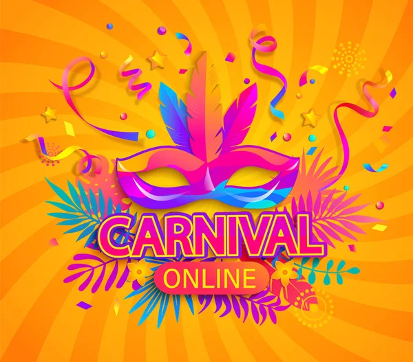 Carnival Online Party Banner Invitation Card Live Stream Festival Mask — Stock Vector