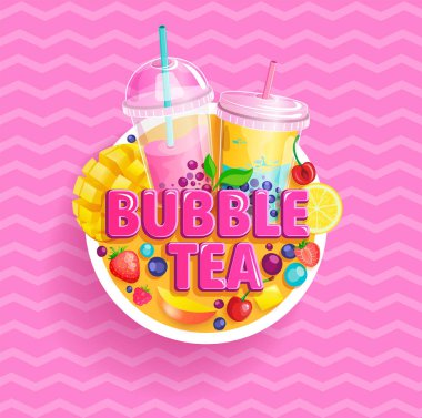 Köpüklü çay afişi. Tatlı arkaplanda meyve ve böğürtlenli çay. Mangolu milkshake smoothie, yabanmersini, tapyoka, metin ve markalar için yer. Broşürler, posterler, kartlar için harika. Vektör.