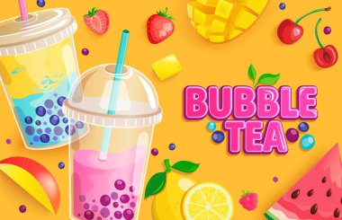 Köpüklü çay afişi. Meyve ve böğürtlenli balonlu çay. Mango, yabanmersini, tapyoka, kiraz ve karpuz ile milkshake smoothie. Mesaj ve marka için harika bir yer. Vektör.
