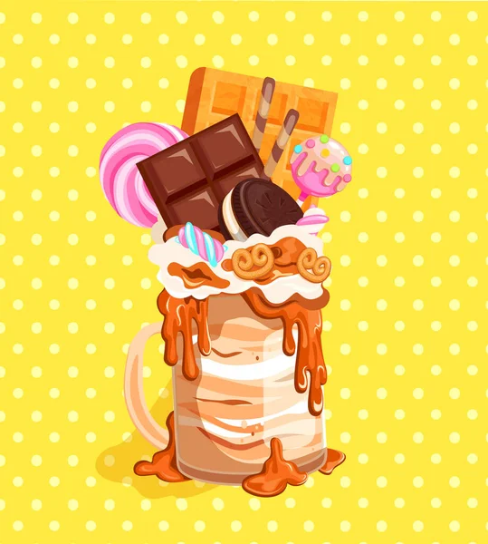 Giant Monsterhake Met Chocolade Wafels Marshmallows Snoepjes Vintage Achtergrond Geïsoleerde — Stockvector