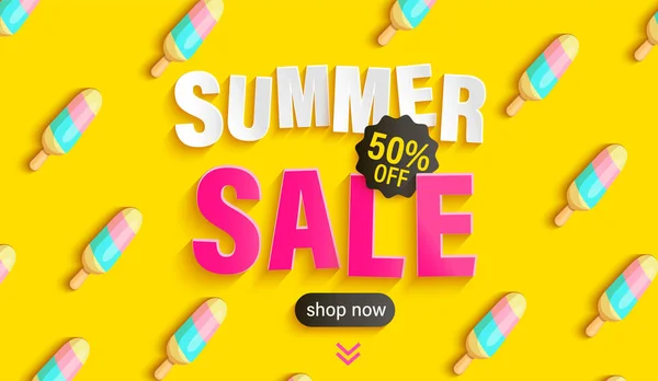 Πανό Summer Sale Παγωτά Μοτίβο Κίτρινο Φόντο Ζεστή Εποχή Μεγάλες — Διανυσματικό Αρχείο